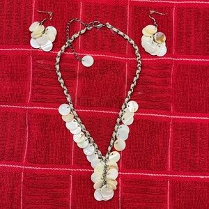 Necklace-Circular Shells, Silvertone Links, Strip of Rawhide Laced Through Links